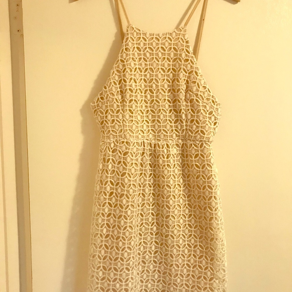 Eyelet White and Tan Halter Dress